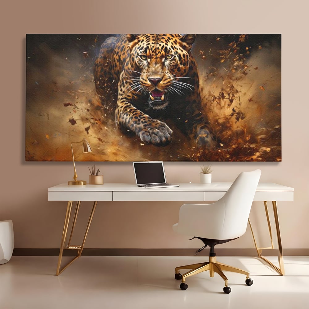 Tablou canvas cu tablou canvas cu leopard in alergare, fara rama, pe sasiu de lemn, pe perete intr-un birou